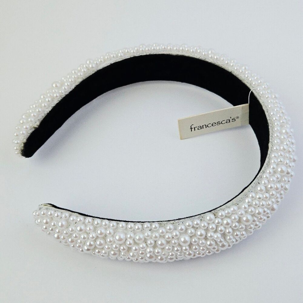Francesca's Beaded White Pearl Headband Wide Design Black Lining Bridal Bride